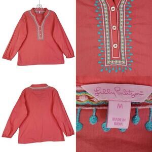Lilly Pulitzer Tunic Top Shirt Pink Coral Women’s Size Medium M Embroidered